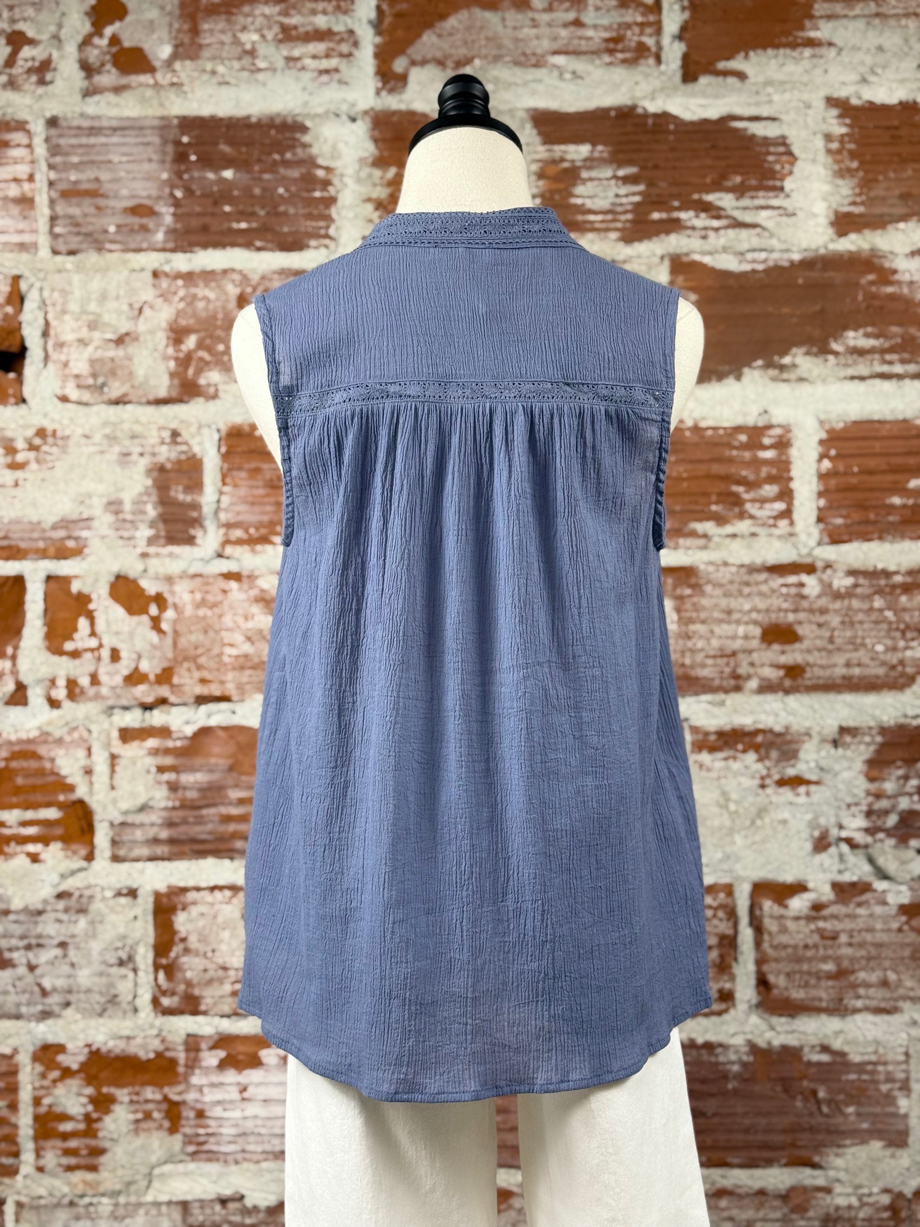 Lovestitch Tank with Lace Trim in Denim Blue-112 - Woven Top S/S (Dec - May)-Little Bird Boutique