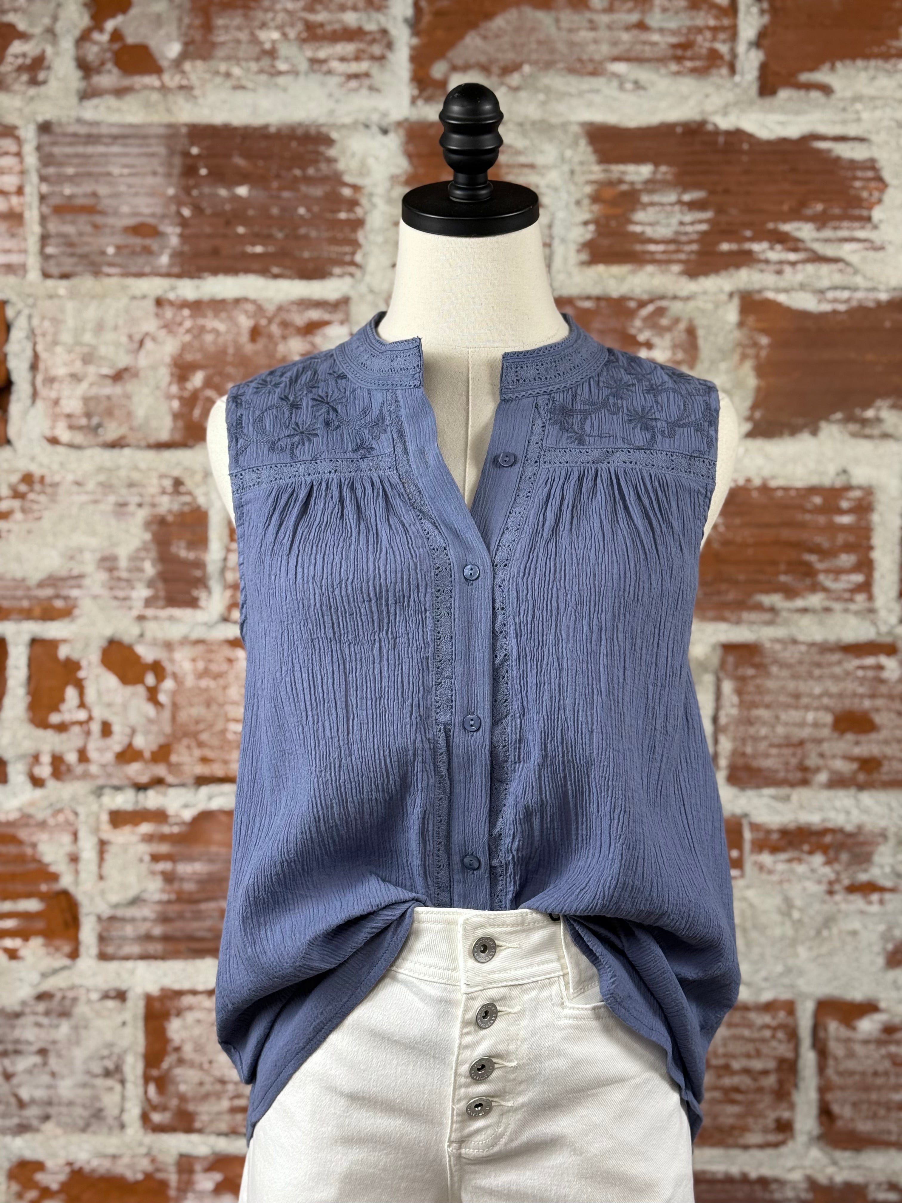 Lovestitch Tank with Lace Trim in Denim Blue-112 - Woven Top S/S (Dec - May)-Little Bird Boutique