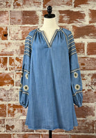 Apricot Aztec Embroidered Denim Dress-151 Dresses - Short-Little Bird Boutique