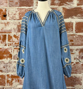 Apricot Aztec Embroidered Denim Dress-151 Dresses - Short-Little Bird Boutique