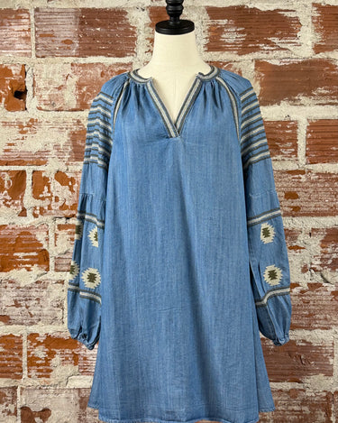 Apricot Aztec Embroidered Denim Dress-151 Dresses - Short-Little Bird Boutique