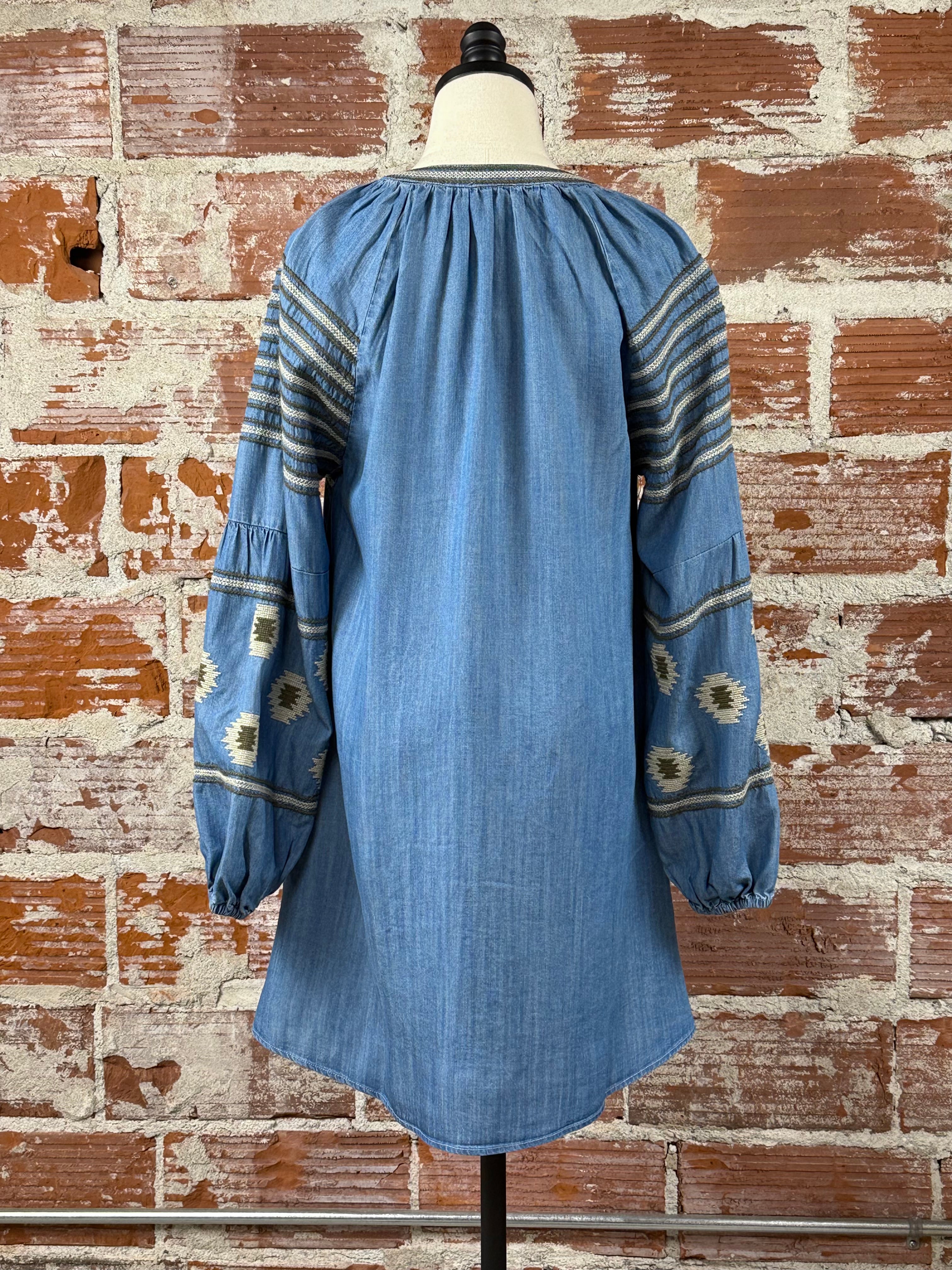 Apricot Aztec Embroidered Denim Dress-151 Dresses - Short-Little Bird Boutique