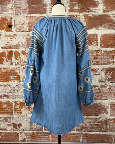 Apricot Aztec Embroidered Denim Dress-151 Dresses - Short-Little Bird Boutique