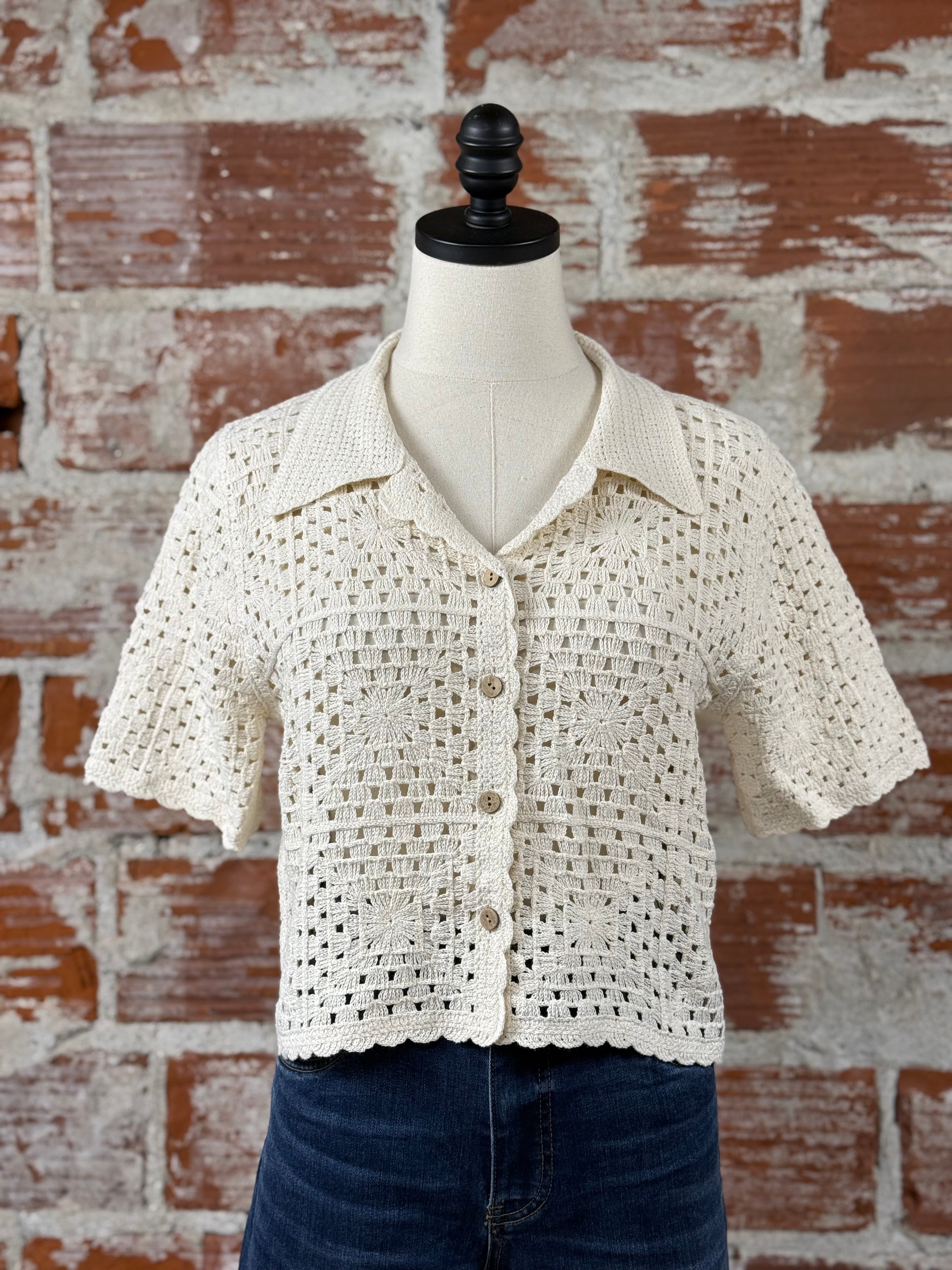 Apricot Crochet Top in Stone-132 - Sweaters S/S (Dec - May)-Little Bird Boutique
