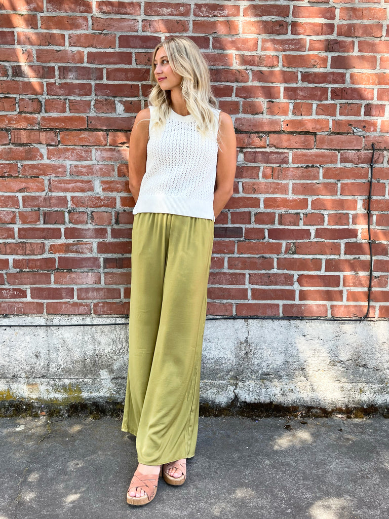 Satin Wide Leg Pants in Olive