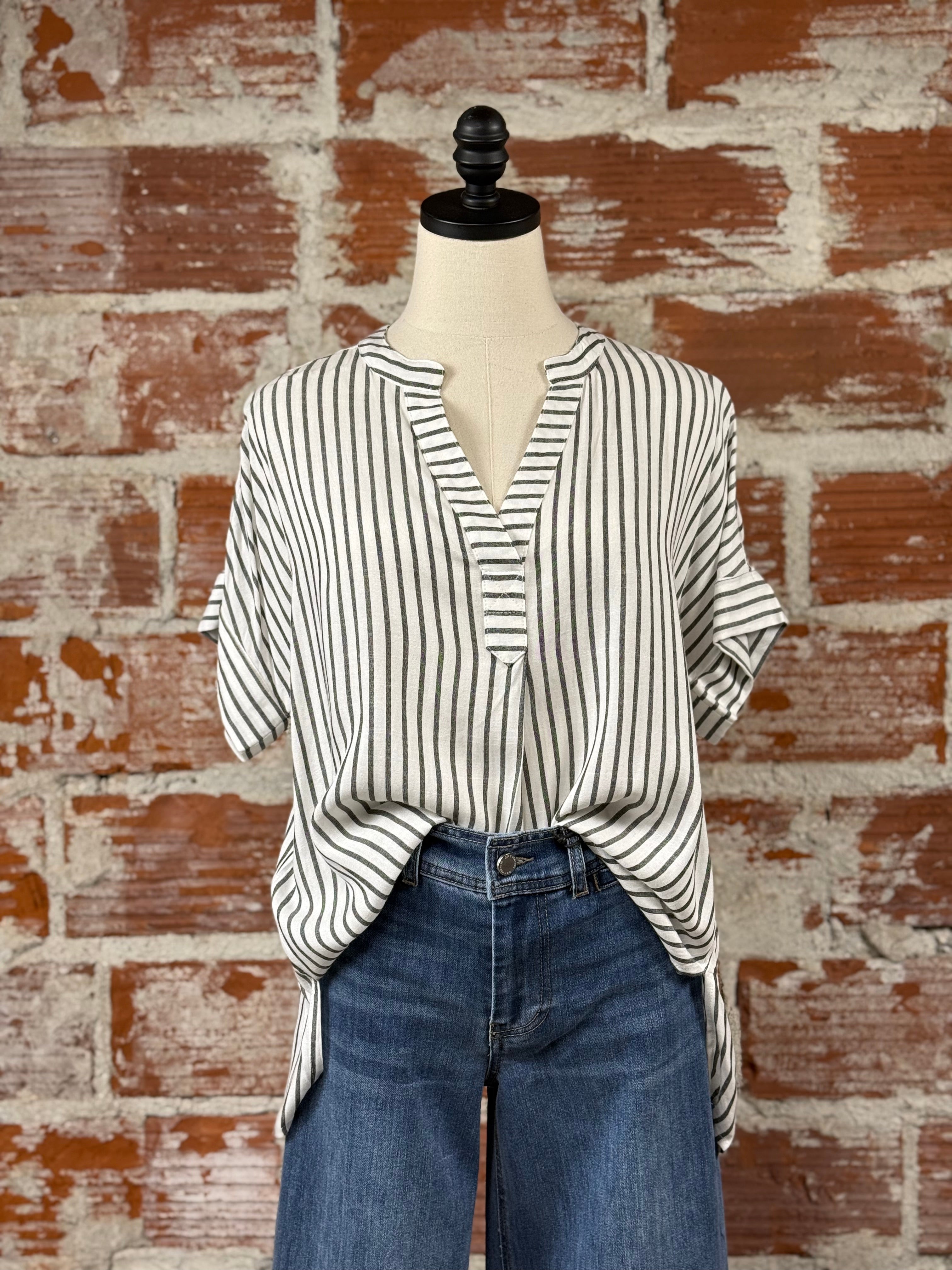 Gerri Top in Off White and Black Stripe-112 - Woven Top S/S (Dec - May)-Little Bird Boutique