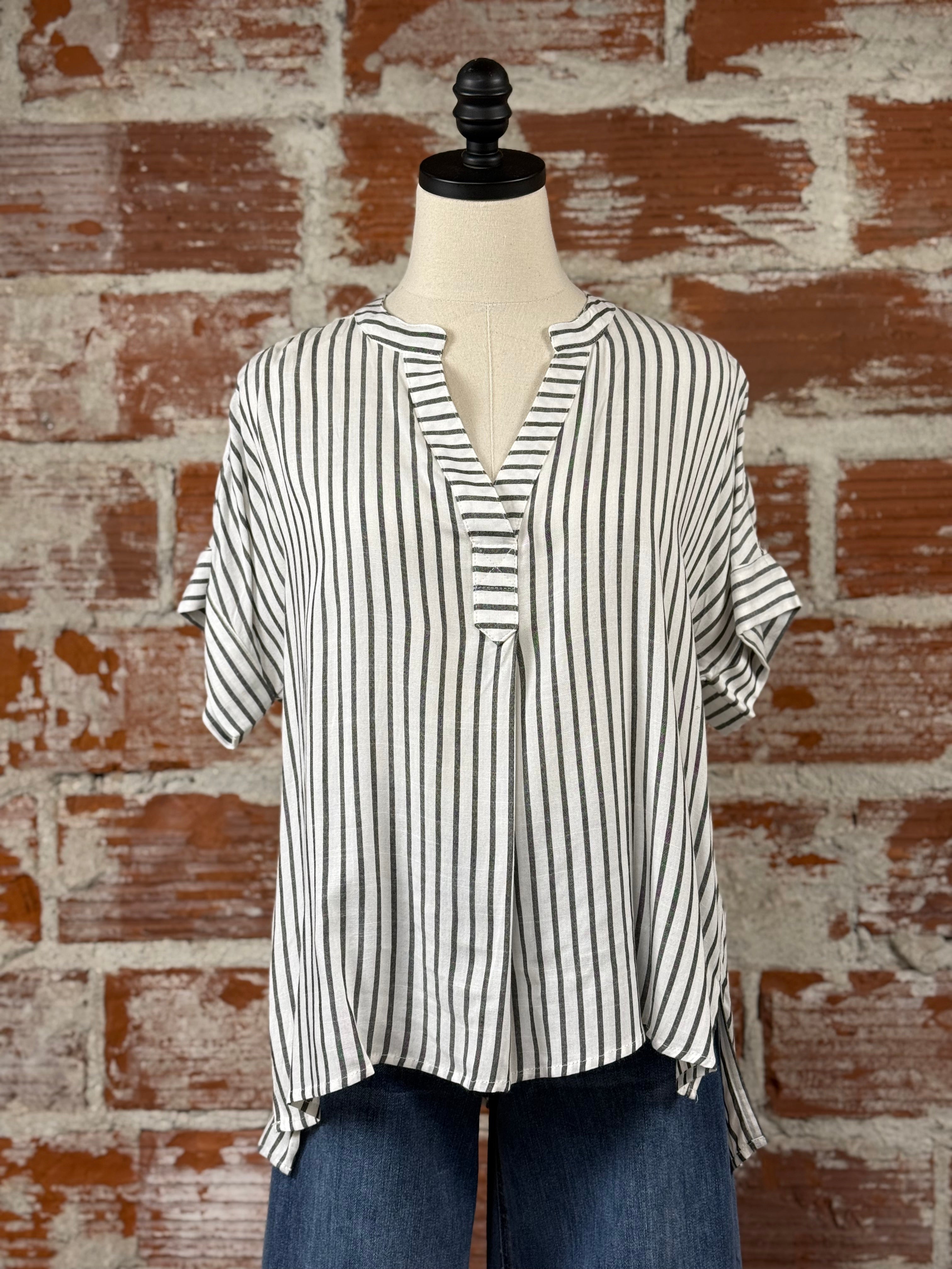 Gerri Top in Off White and Black Stripe-112 - Woven Top S/S (Dec - May)-Little Bird Boutique