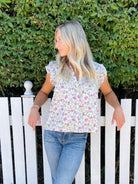 Vintage Button Down Flutter Sleeve Top in Ivory Floral-112 - Woven Top S/S (Jan - June)-Little Bird Boutique