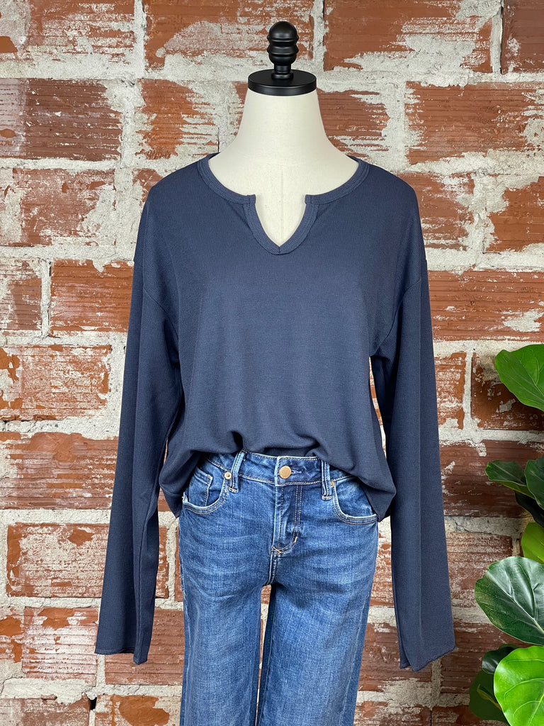 Waffle Knit Top in Navy