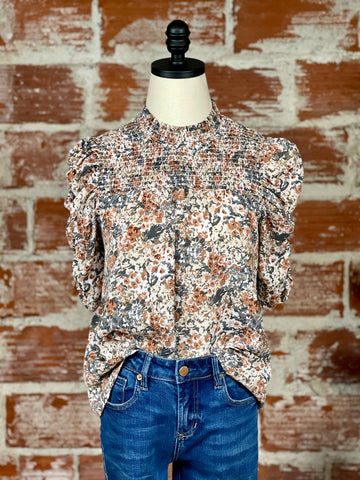 THML Ruched Sleeve Floral Top