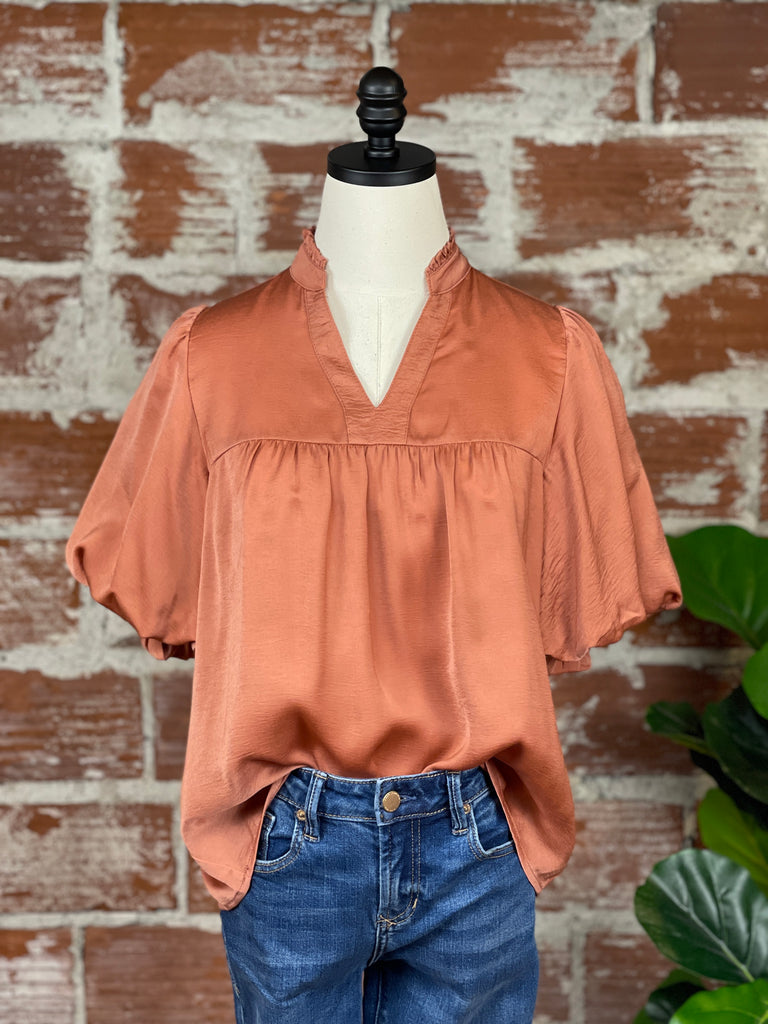 THML Puff Sleeve V-Neck Top in Clay