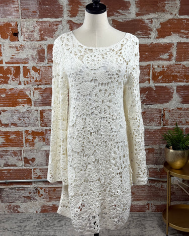 Apricot Crochet Bell Sleeve Shift Dress-151 Dresses - Short-Little Bird Boutique