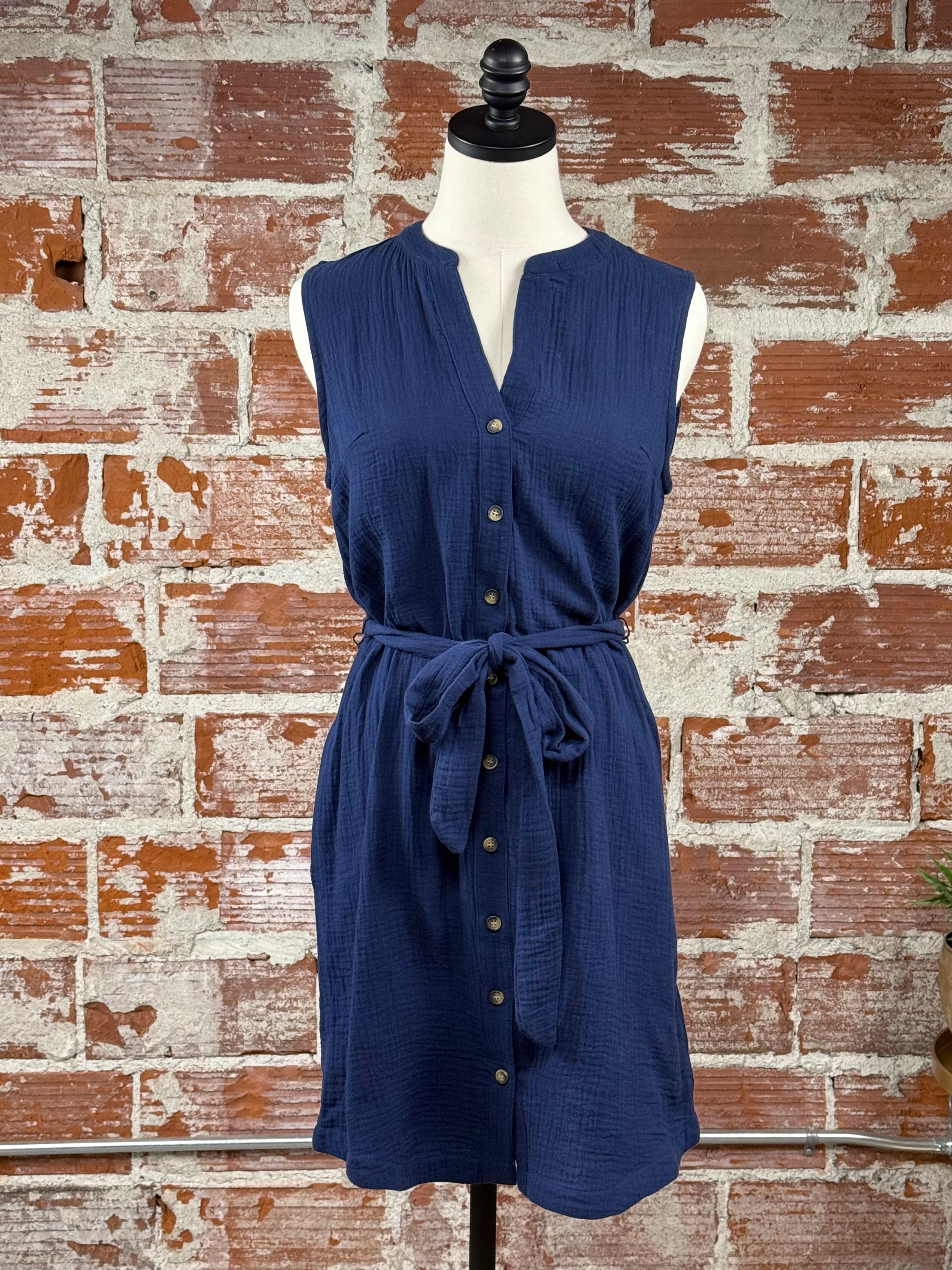 Apricot Tetra Button Down Dress in Navy-151 Dresses - Short-Little Bird Boutique