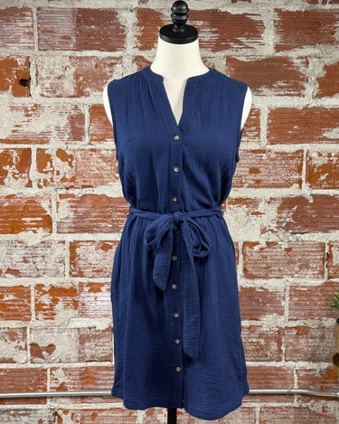 Apricot Tetra Button Down Dress in Navy-151 Dresses - Short-Little Bird Boutique