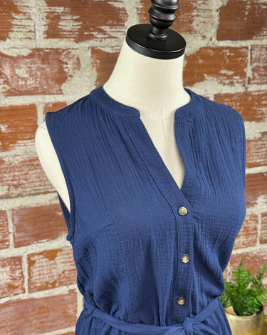 Apricot Tetra Button Down Dress in Navy-151 Dresses - Short-Little Bird Boutique