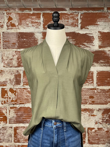 Split V-Neck Drape Top in Olive