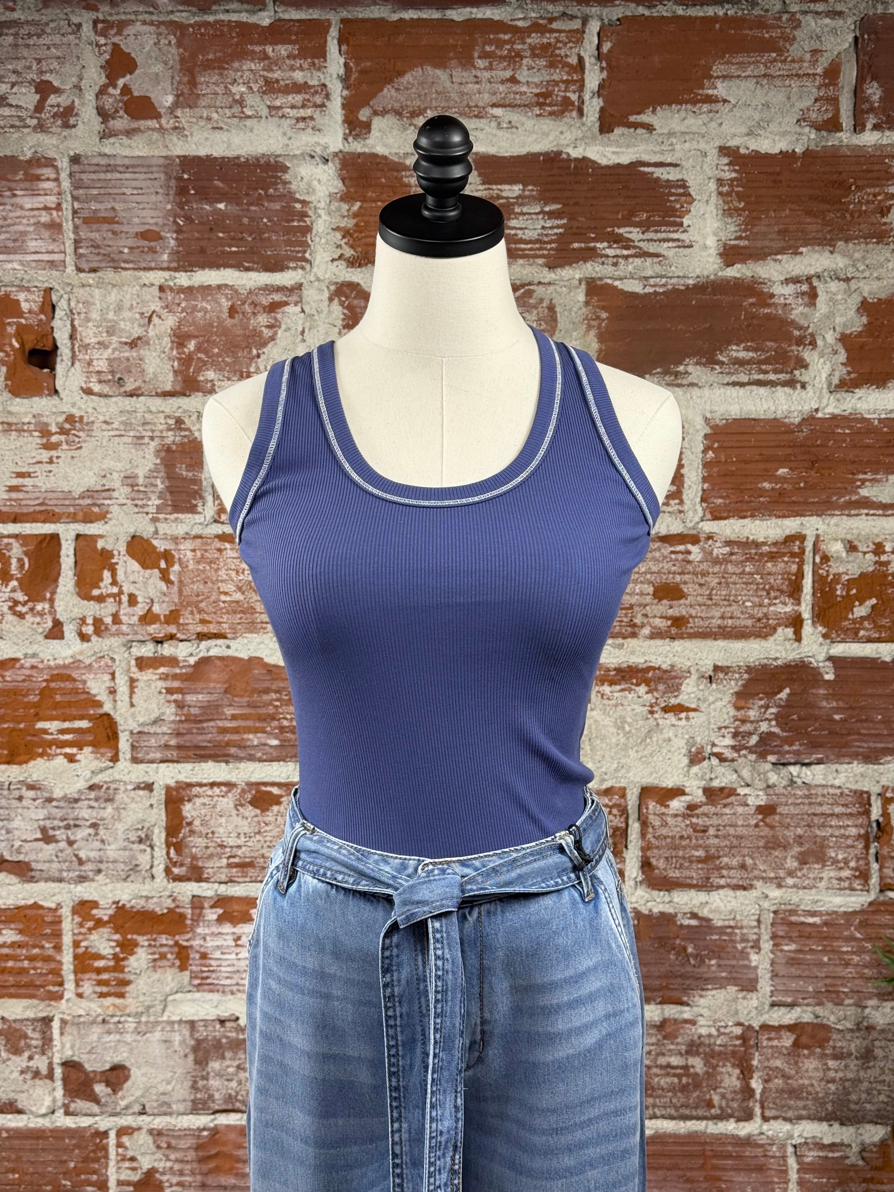 Flag & Anthem Lottie Contrast Stitch Tank in Navy-122 - Jersey Tops S/S (Dec - May)-Little Bird Boutique