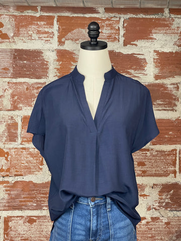 Drop Shoulder Split Neck Top in Navy