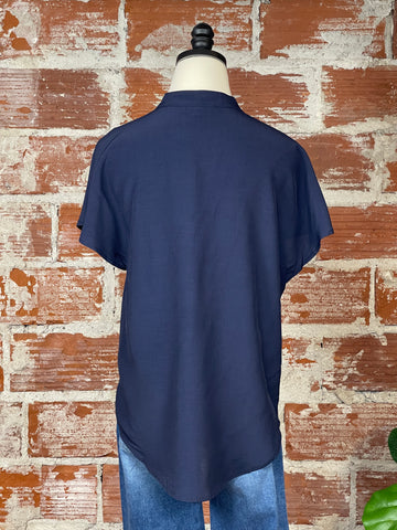 Drop Shoulder Split Neck Top in Navy