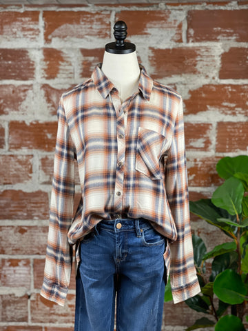 Flannel Top in Denim and Caramel