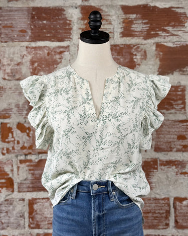 Kennedy Top in Ivory and Green-112 - Woven Top S/S (Dec - May)-Little Bird Boutique