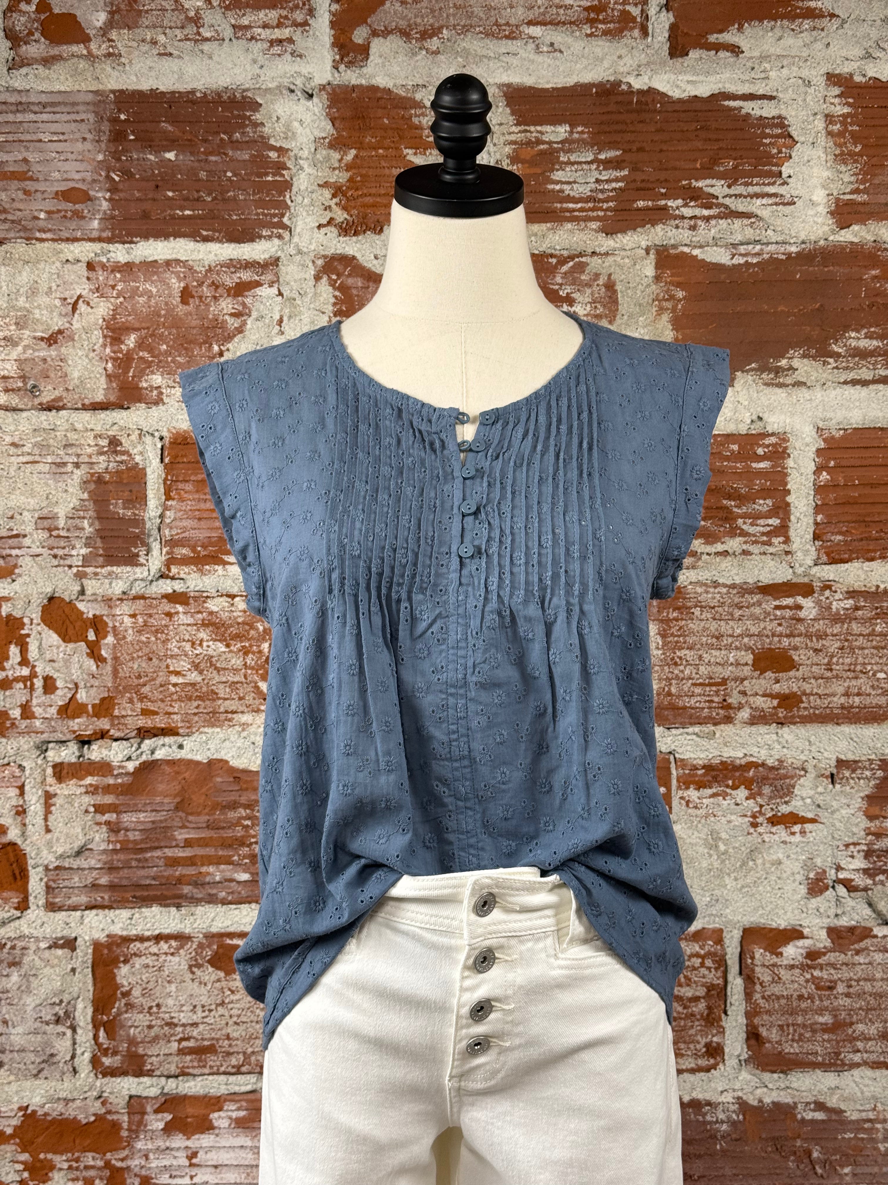 Lovestitch Eyelet Top in Blue-112 - Woven Top S/S (Dec - May)-Little Bird Boutique
