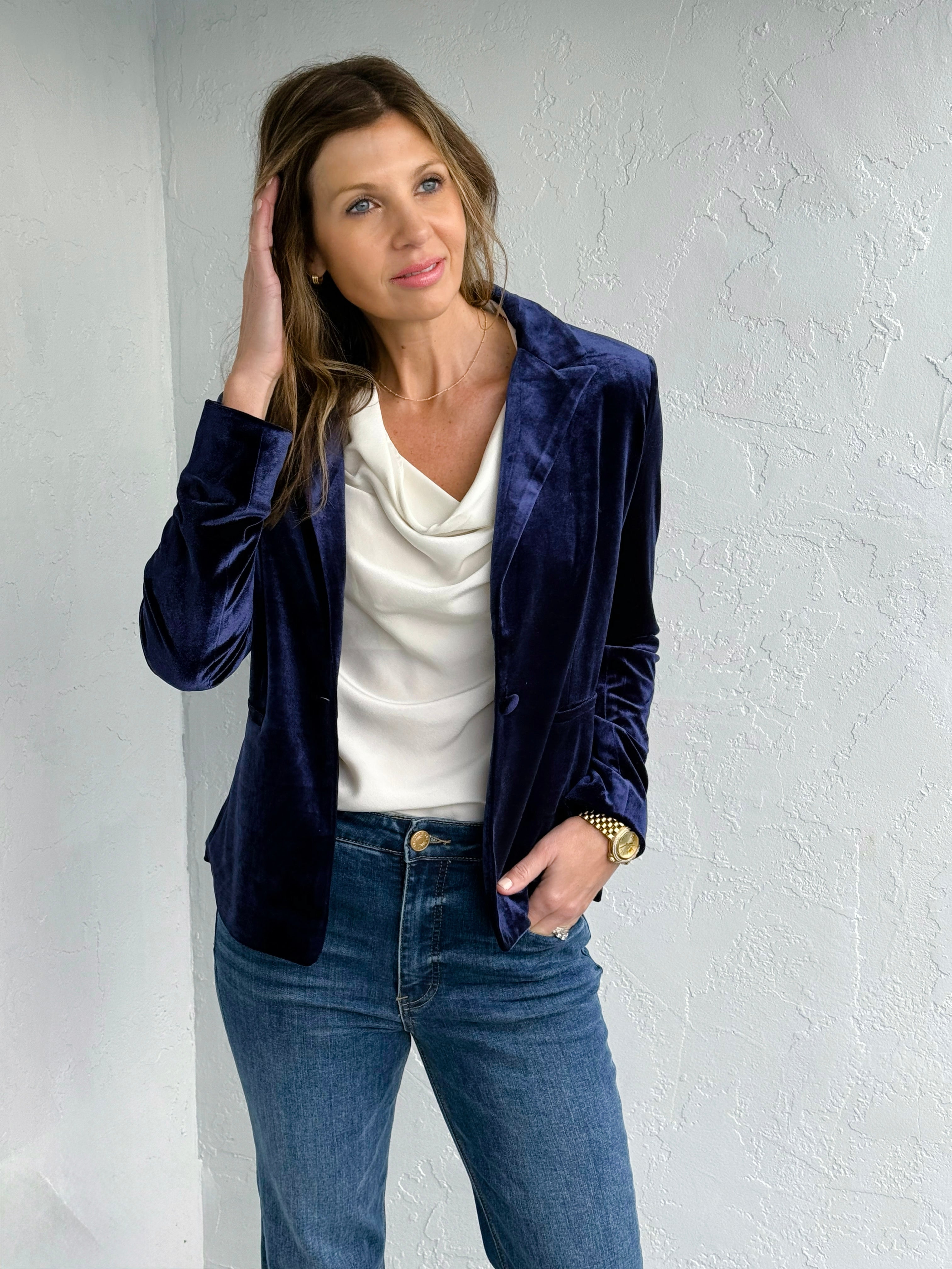 Molly Bracken Velvet Blazer in Navy Blue-143 Blazers-Little Bird Boutique