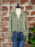 Smocked Cuff Blouse in Green Floral-112 Woven Tops - Long Sleeve-Little Bird Boutique