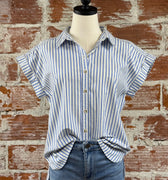 Jak & Rae Ilene Top in Blue Oia Stripe-112 - Woven Top S/S (Dec - May)-Little Bird Boutique