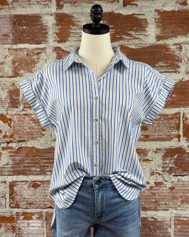 Jak & Rae Ilene Top in Blue Oia Stripe-112 - Woven Top S/S (Dec - May)-Little Bird Boutique