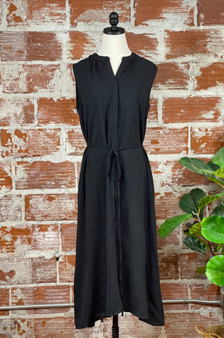 Concealed Button Front Midi Dress in Black