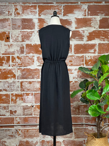 Concealed Button Front Midi Dress in Black