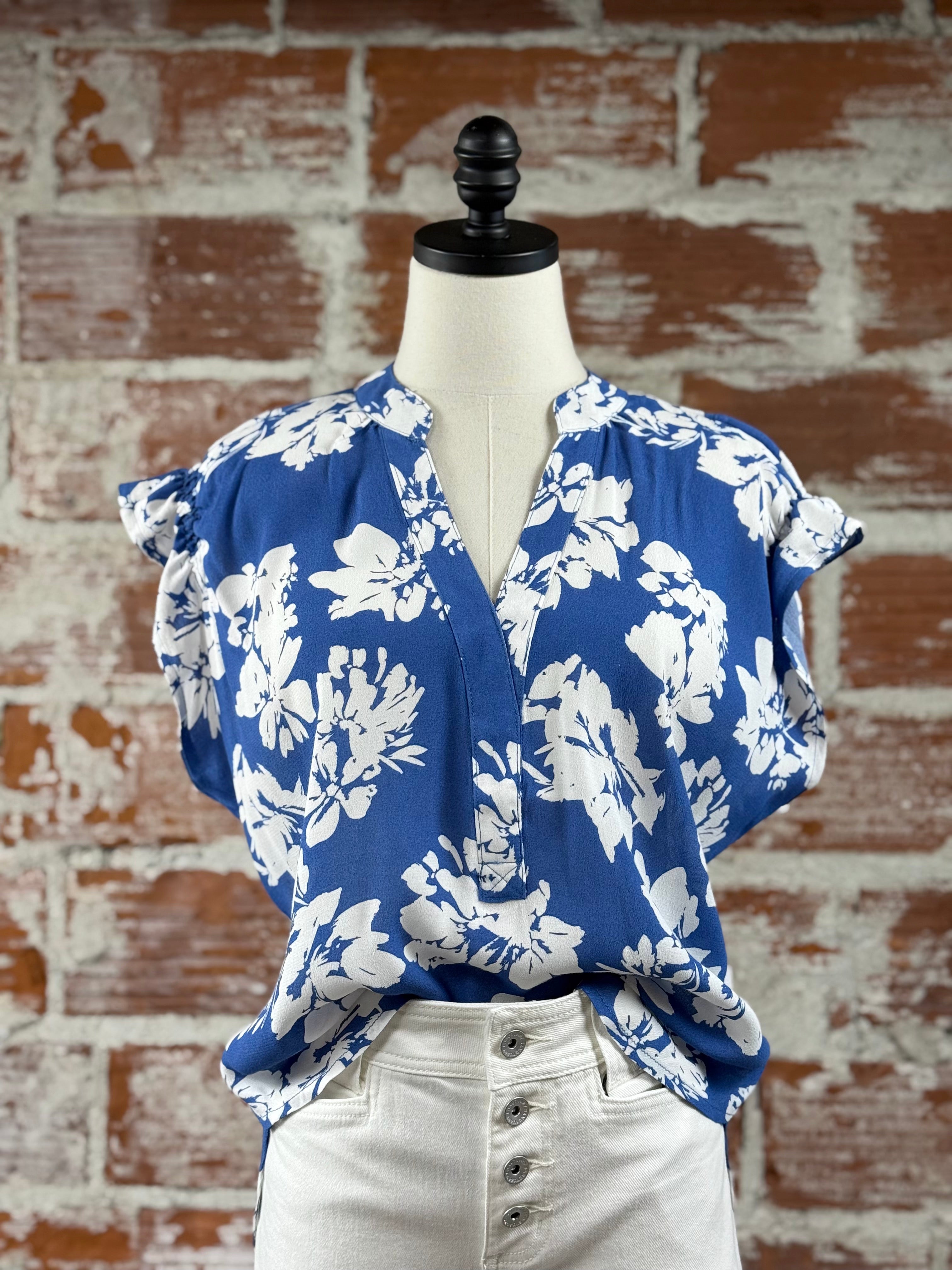 Jak & Rae Avery Top in Blue Floral-112 - Woven Top S/S (Dec - May)-Little Bird Boutique
