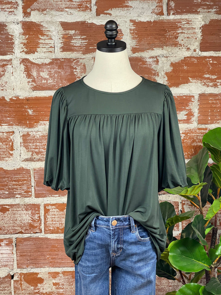 Puff Sleeve Knit Top in Forest