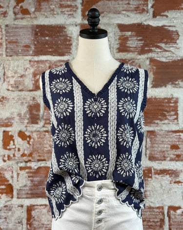 Anthem The Label Embroidered Cotton Button Tank in Navy-112 - Woven Top S/S (Dec - May)-Little Bird Boutique
