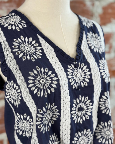 Anthem The Label Embroidered Cotton Button Tank in Navy-112 - Woven Top S/S (Dec - May)-Little Bird Boutique