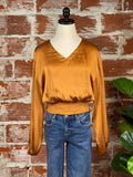 Smocked Waist Blouse in Caramel-122 Jersey Tops - Long Sleeve-Little Bird Boutique