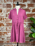 Puff Sleeve Mini Drawstring Dress in Magenta-151 Dresses - Short-Little Bird Boutique