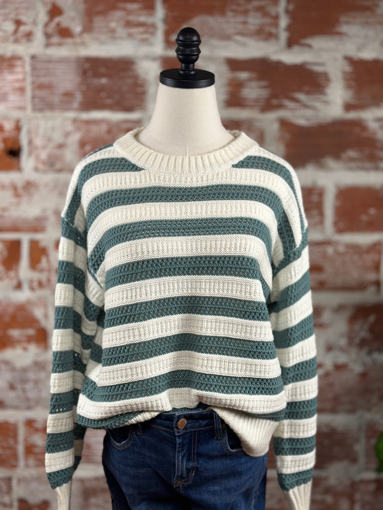 Bubble Sleeve Sweater in Ivory & Green Stripe