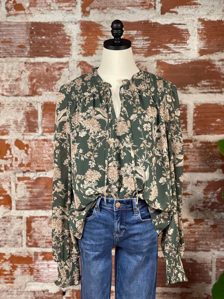 Smocked Cuff Blouse in Forest Floral