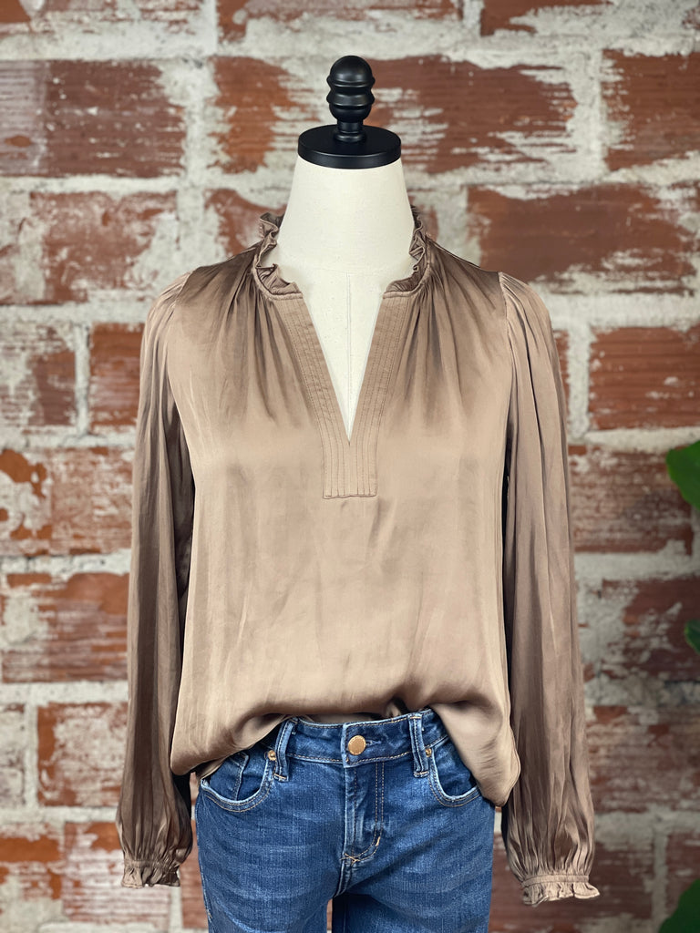 Ruffle Neck Blouse in Ash Brown