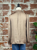 Ruffle Neck Blouse in Ash Brown-112 Woven Tops - Long Sleeve-Little Bird Boutique