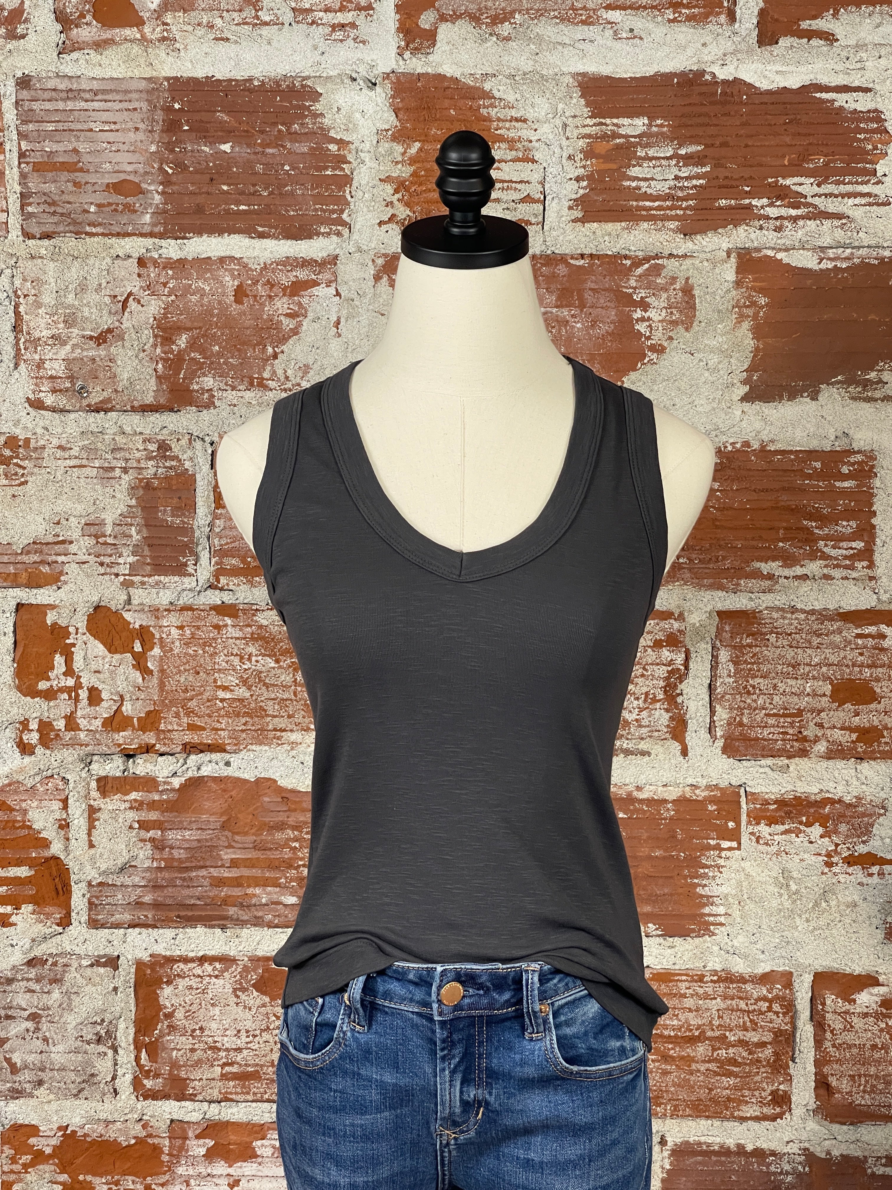 Basic V-Neck Jersey Tank in Charcoal-121 - Jersey Tops F/W (July - Dec)-Little Bird Boutique
