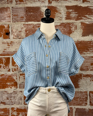 Alton Top in Chambray Blue Stripe-111 - Woven Top F/W (June- Nov)-Little Bird Boutique
