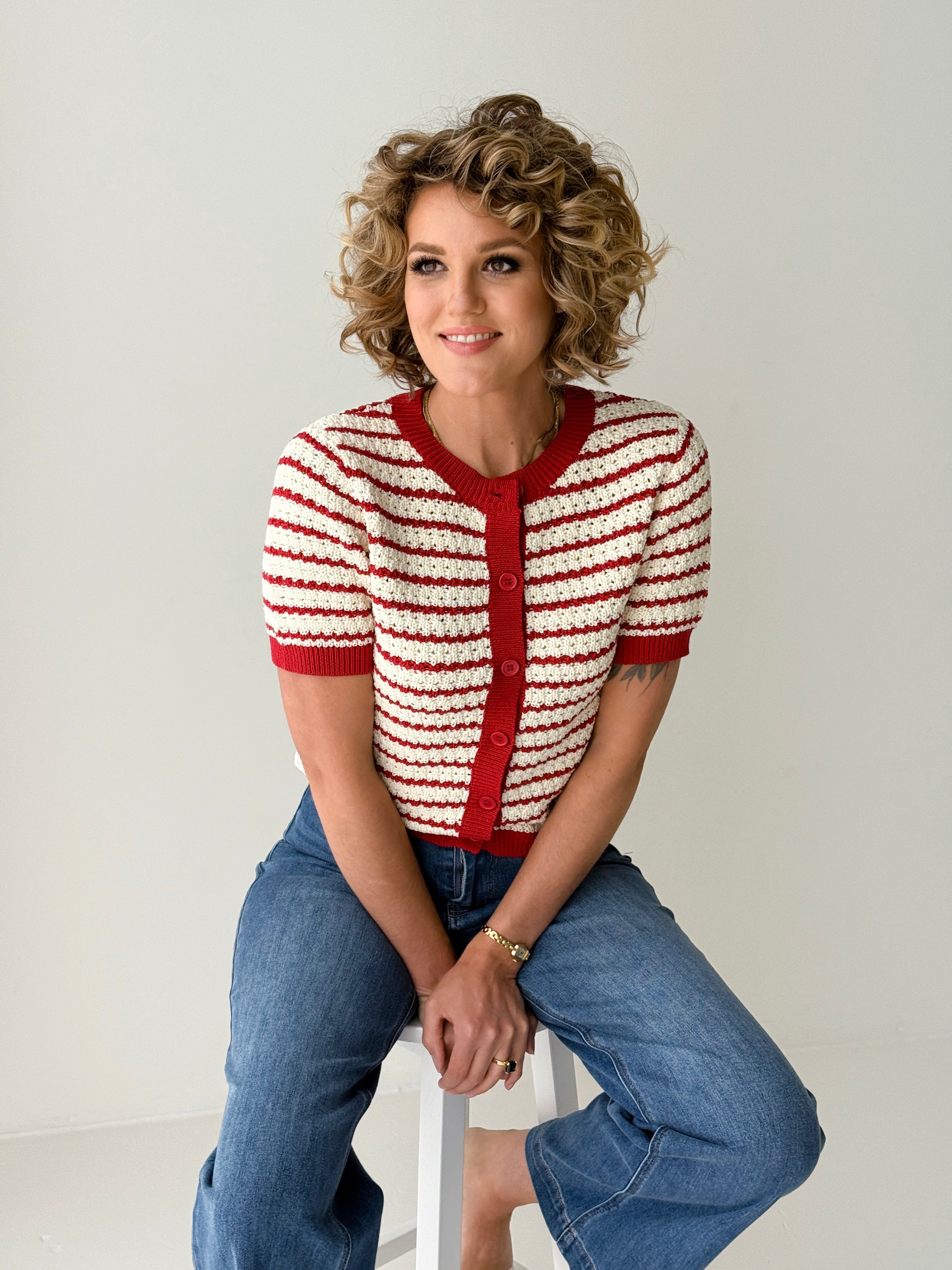 Summer Stripes Cardigan in Cherry and Ivory-131 - Sweaters F/W (June - Nov)-Little Bird Boutique