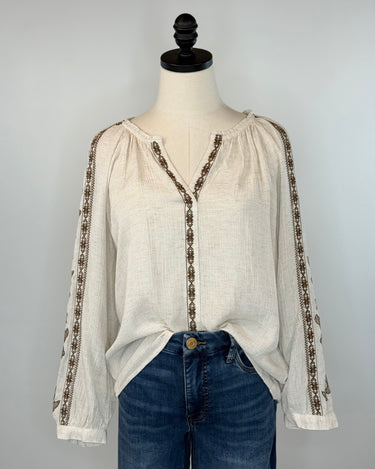 Lovestitch Embroidery Top in Natural and Mocha-111 - Woven Top F/W (June- Nov)-Little Bird Boutique