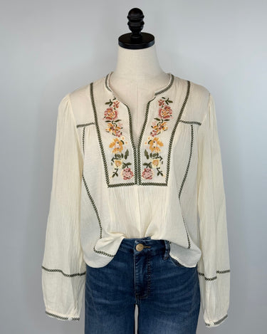 Lovestitch Floral Embroidery Top in Vanilla and Sage-111 - Woven Top F/W (June- Nov)-Little Bird Boutique