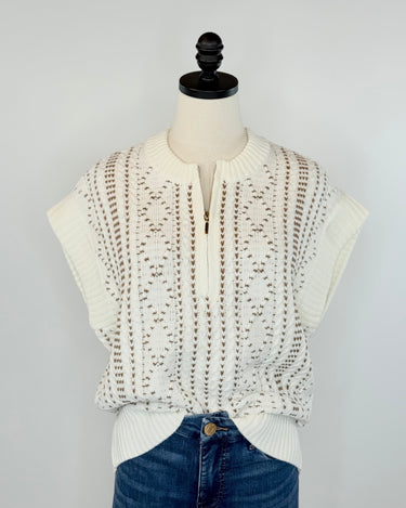 Liverpool Cap Sleeve Half Zip Sweater in Cream and Camel-131 - Sweaters F/W (June - Nov)-Little Bird Boutique
