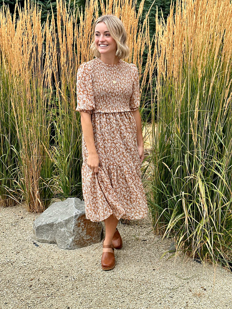 Cooper Smocked Dress in Caramel Floral