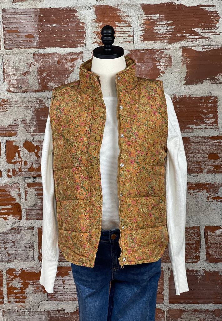 Floral Puffy Vest in Golden Olive